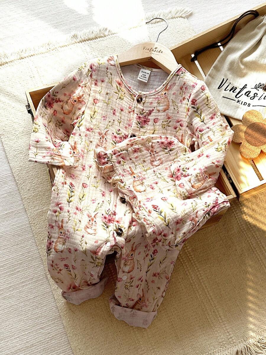 Vintaside Kids Baby Girl Infant Casual Cute Ditsy Floral Long Sleeve Jumpsuit And Matching Hat, Suitable For Daily Wear, Outing, Home, Hiking, Spring And Autumn Seasons Fall Winter