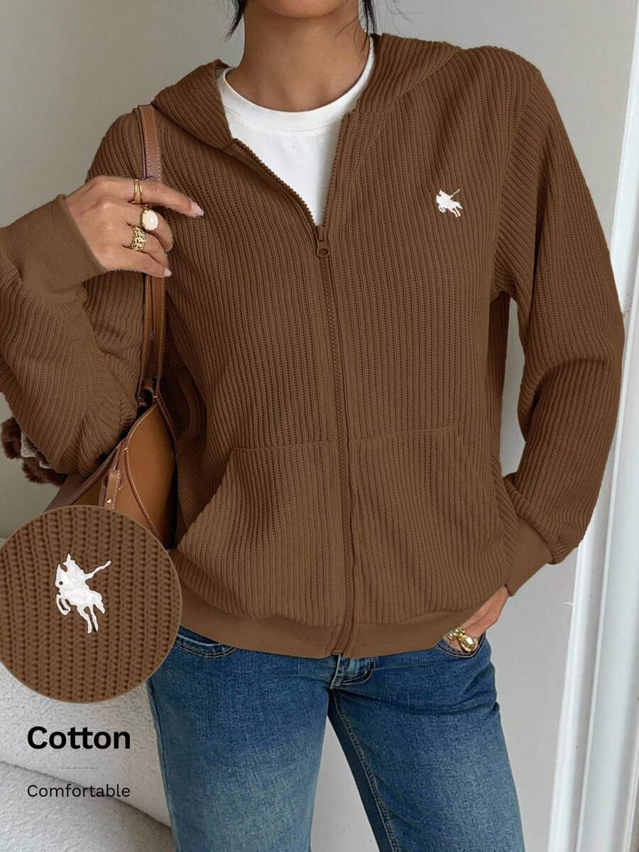 SHEIN EZwear 秋冬女士时尚休闲长袖连帽拉链夹克 - 棕色 - 查看 1