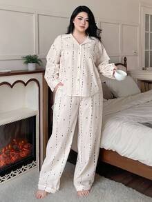 Dazy Plus 不对称印花条纹宽松衬衫和裤子睡衣套装，大码女士休闲家居服，秋季服装 - 白色 - 查看 4