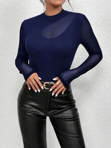 Chiquease 时尚通勤纯色网眼拼接修身长袖T恤 - 藏蓝色 - 查看 5