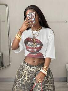 Coolane 女士夏季演唱会街头服饰复古休闲 Y2K 嬉皮老钱舒适唇形图案超大白色 T 恤 - 白色 - 查看 7