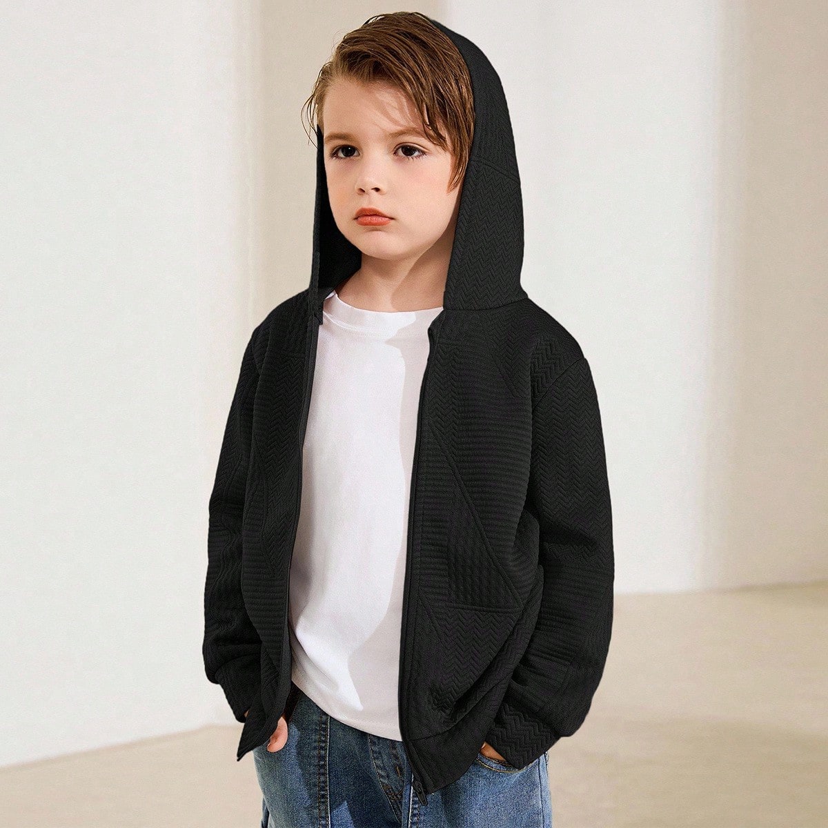 Chaqueta de cárdigan con capucha de manga larga versátil y cómoda con parches para niño preadolescente, para otoño/invierno, chaqueta con capucha