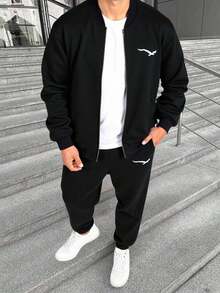 SHEIN Teen Boys Casual Street Bird Print Solid Color Versatile Comfortable Plain Long Sleeve Bomber Jacket And Long Pants Set, Suitable For Commuting, School, Casual, Holiday, Sports, Party, Fall Autumn And Winter Seasons Boys Sweatsuits Set Boy Teen 2pc Sets Tracksuit Jogging Track Suit For Teen Boys Boys Autumn Winter Casual Two Piece Set