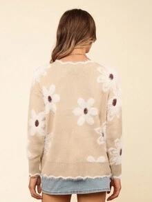 Áo len cổ tròn viền gợn sóng họa tiết hoa lãng mạn dành cho nữ, mùa thu/đông - Nhiều màu - Xem 5