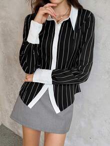 SHEIN Unity Women's Business Casual Contrast Striped Shirt - Black and White - View 7