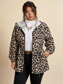 SHEIN LUNE 大码女式豹纹长袖拉链连帽外套 豹纹印花外套 女式豹纹连帽外套 女式轻薄豹纹外套 动物纹外套 女式动物纹外套 大码动物纹风衣 豹纹印花外套 大码豹纹风衣 大码雨衣 棕色连帽拉链外套 女式拉链连帽衫 女式冬季女装 感恩节女装 - 彩色 - 查看 9