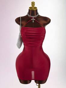 Amplova Y2K Amplova Women's Sexy Minimalist Solid Color Backless Ruched Bodycon Halter Neck Dress, Summer Slay Diva Dress Red Club Outfit Bodycon Dress Night Club Dress,Dresses For Women Party