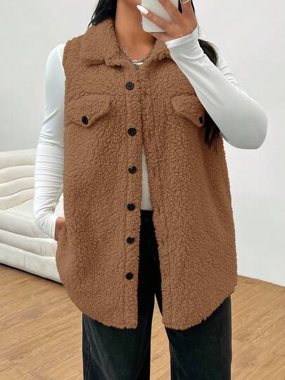 Solflare 秋冬款驼色羊毛大码女式无袖单排扣夹克