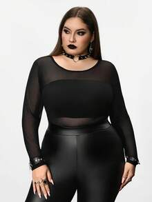 SHEIN CURVE+ 大码透视长袖上衣，万圣节，秋冬 - 黑色 - 查看 7