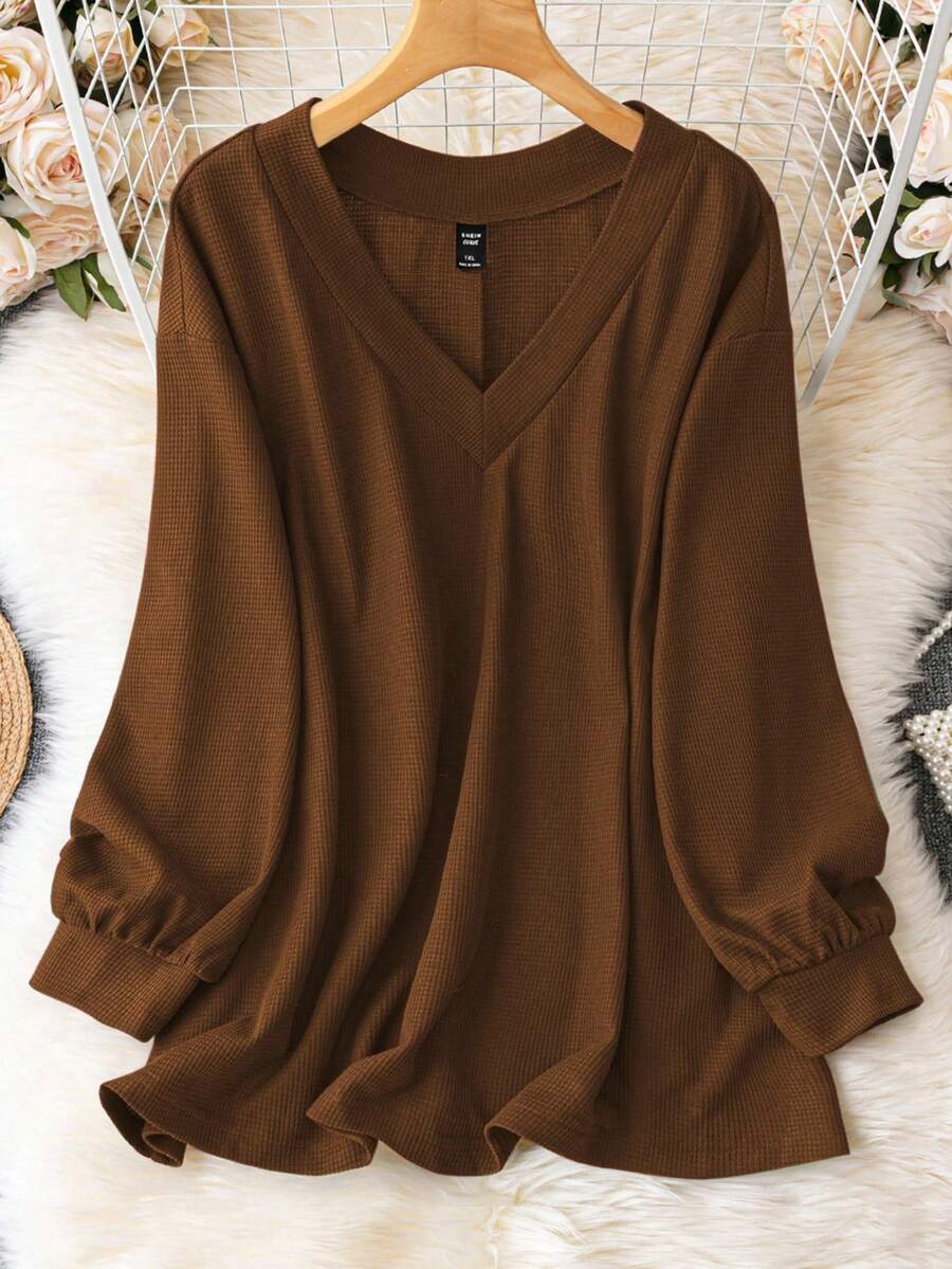 EMERY ROSE Plus Size Casual Solid Color Loose T-Shirt, Autumn - Chocolate Brown - View 1