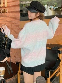 DAZY Damski luźny, swobodny, elegancki sweter w paski z nadrukiem tie-dye, kolorowy, dojazdowy, stylowy, z kryształkami i cekinami, jesień/zima - Miętowy niebieski - Zobacz 7