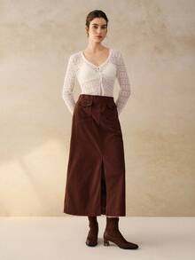 Cévolie 女装秋冬新款法式通勤时尚灯芯绒高腰直筒开叉半身裙 - 鏽棕色 - 查看 3