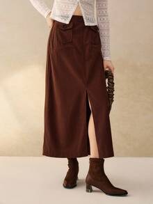 Cévolie 女装秋冬新款法式通勤时尚灯芯绒高腰直筒开叉半身裙 - 鏽棕色 - 查看 6