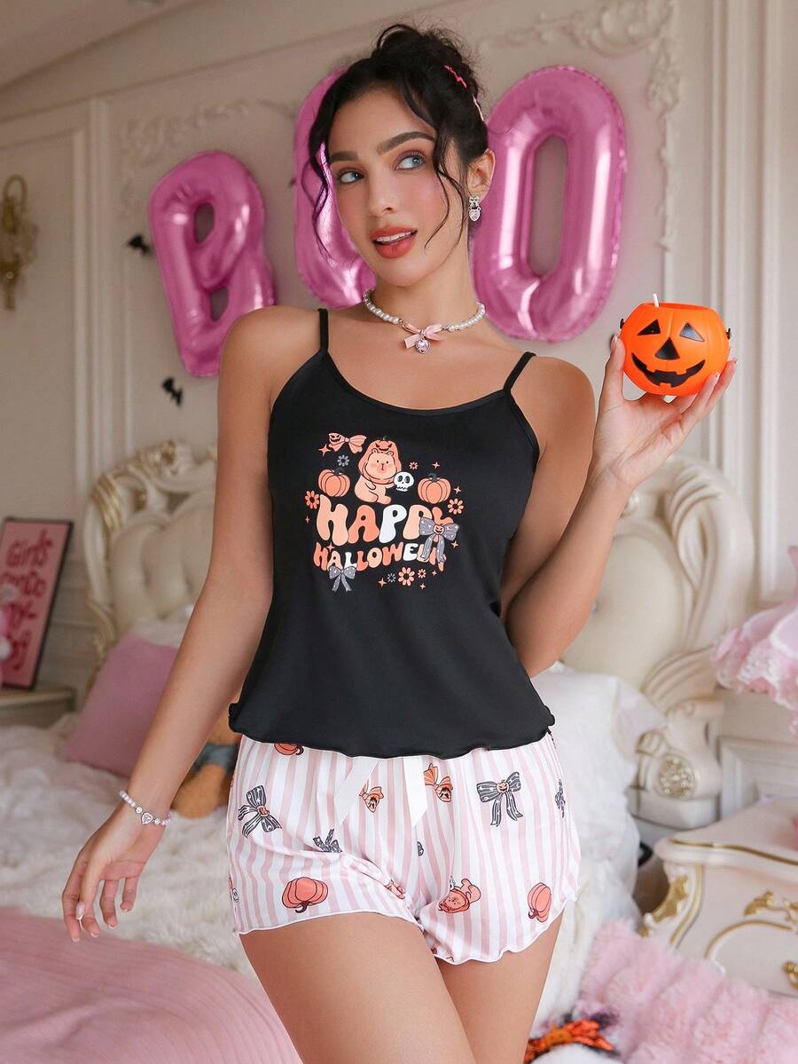PetitDoll 女士万圣节主题印花吊带背心和短裤睡衣套装 - 彩色 - 查看 1