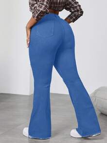 SHEIN CURVE+ Quần jean đen cỡ lớn, quần jean ống loe rách, quần denim co giãn cao thoải mái có túi, trang phục thường ngày - Rửa trung bình - Xem 2