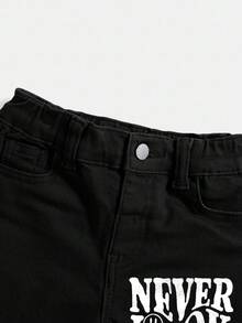 SHEIN 男童简约印花休闲牛仔裤 - 黑色 - 查看 5