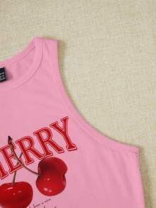 SHEIN EZwear Pink Cherry Pattern Cropped Casual Minimalist Round Neck Fitted Tank Top, Suitable For Summer