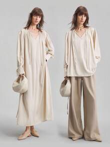 Ontre 2025 新款优雅开叉连衣裙，女士长袖圆领褶皱领口系带袖口连衣裙，A 字形喇叭下摆，缎面面料，杏色，宽松版型，休闲日常/商务通勤装