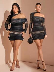 SHEIN BAE 大码女式不对称网眼多色云扎染连衣裙，春夏 - 彩色 - 查看 1