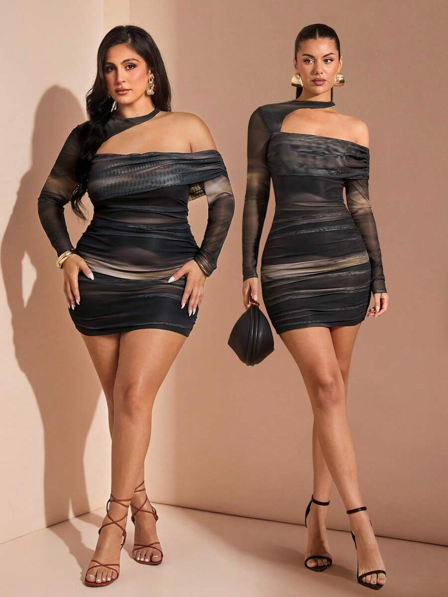 SHEIN BAE 大码女式不对称网眼多色云扎染连衣裙，春夏 - 彩色 - 查看 1