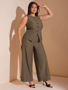 SHEIN BAE Plus Size Women's Brown Suit Set - Vest And Pants, Autumn/Winter/Early Autumn/Back To School/Going Out /Festival Outfits Women/Autumnfall/Wedding Guest Dress Women Plus Size/Formal Dresses For Women/Dresses For Women Elegant/Summer Dresses /Birthday Dress/Homecoming Dress/Off Shoulder Dress/Halloween Costume/Club Outfits Women Sexy/Christmas/Plus Size Suit/Office Set - Brown - View 5