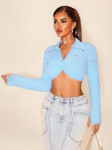 SHEIN Foxxy Women's Short Knitted Cardigan, New Arrival For Winter Fall Cloth For Women - Blue - View 5