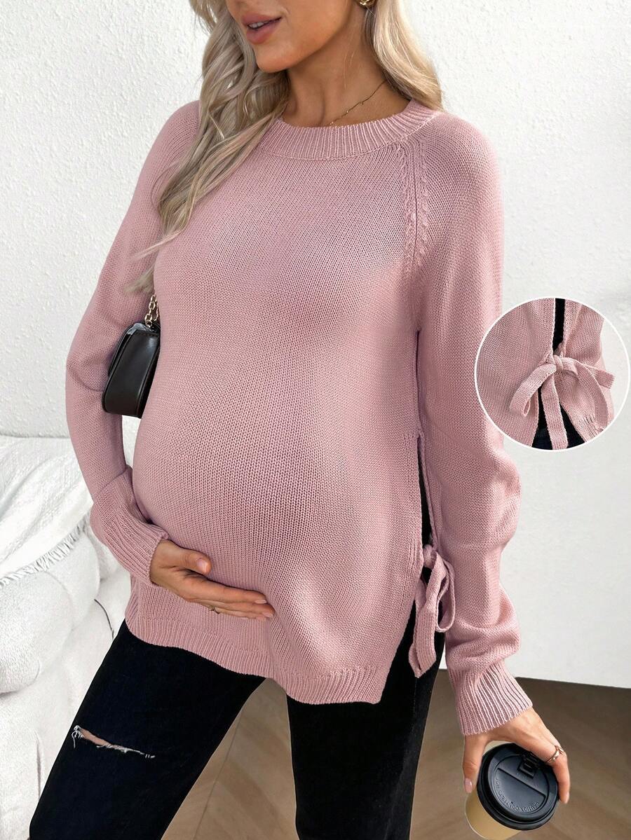 SHEIN 孕妇基本款纯色扭结圆领毛衣，休闲日常穿着 - 藕粉色 - 查看 1