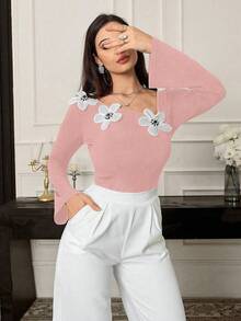 Modelyn 女士不对称领长袖优雅T恤，饰有3D立体花卉图案，春秋季印花T恤，女士春季上衣 - 粉色 - 查看 5