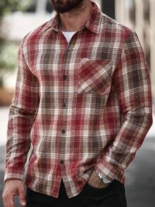 Manfinity Homme 男士休闲日常格子大衣，秋冬 - 紅色 - 查看 7