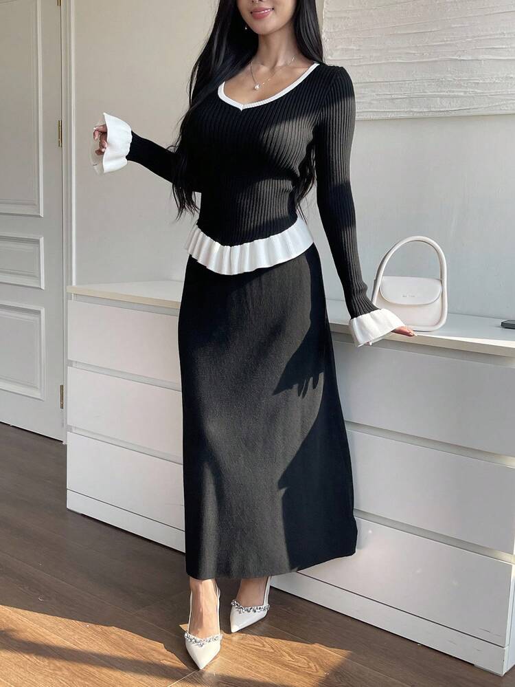 2pcs Elegant Color Block Ruffle Hem Sweater & Knit Skirt Set, Autumn/Winter