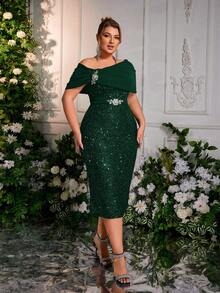 Glamrae Plus Size Elegant Black Asymmetric Collar, Handcrafted Rhinestone Embellished, Bodycon, Mid-Length Cocktail Dress - Dark Green - View 7