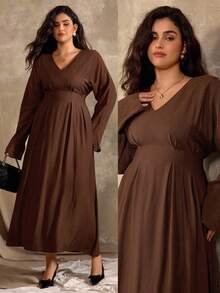 Flirla Women's Elegant Vintage V-Neck Ruffle A-Line Long Sleeve Midi Dress, Formal Office Commute Casual Vacation Afternoon Tea, Retro Teacher Middle Eastern Style Solid Color Fall Cloth For Women