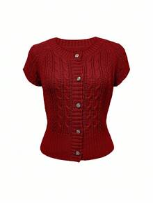 Chiquease New Vintage Hollow Out Design Women Solid Color Round Neck Short Sleeve Top With Front Buttons - Red - View 3