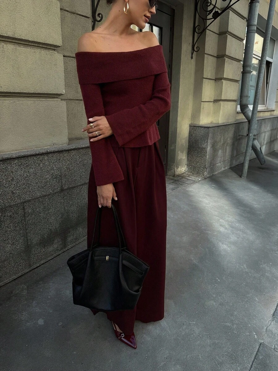 Ontre 女款四季安哥拉红高端老款西裤口袋简约宽松日常长裤休闲通勤商务裤 - 紅木色 - 查看 1