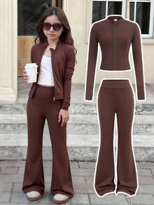 SHEIN Serisse Kids Bộ 2 món áo thun tay dài màu nâu cà phê trơn đơn giản và quần ống loe cho bé gái tuổi teen, phù hợp mặc hàng ngày vào mùa thu/đông - Cà phê nâu - Xem 10