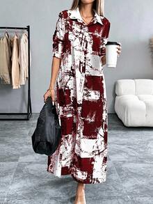 EMERY ROSE Váy sơ mi in họa tiết nhuộm loang thời trang dành cho nữ, váy dài Maxi mùa xuân thu dành cho nữ, váy dài thường ngày, váy dài tay dành cho nữ - Màu Đỏ Sâu - Xem 5