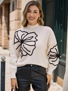 EMERY ROSE Floral Pattern Drop Shoulder Mock Neck Sweater,Long Sleeve Tops Knit Pullover Fall Winter Sweater - White - View 1