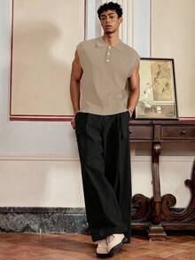 SWAVVY Áo ba lỗ tay ngắn dáng rộng thoải mái dệt kim cho nam, dành cho mùa thu đông - Màu be - Xem 5