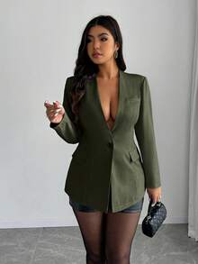 Elenzga 秋季大码女式纯色深 V 领长袖单扣休闲西装外套 - 軍綠色 - 查看 4