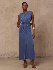 Lumalex VITNOS 秋冬新款高端优雅咖色针织无袖褶皱修身收腰金属扣装饰不对称连衣裙，女秋装，适合演唱会、约会、婚礼、派对、生日 - 霧霾藍 - 查看 9