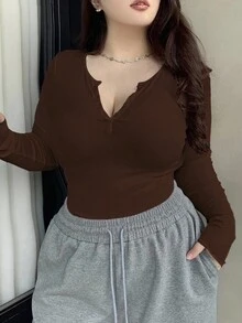 Dazy Plus Plus Size Notched Collarline Long Sleeve T-Shirt With Slit,Fall Clothes - Coffee Brown - View 1