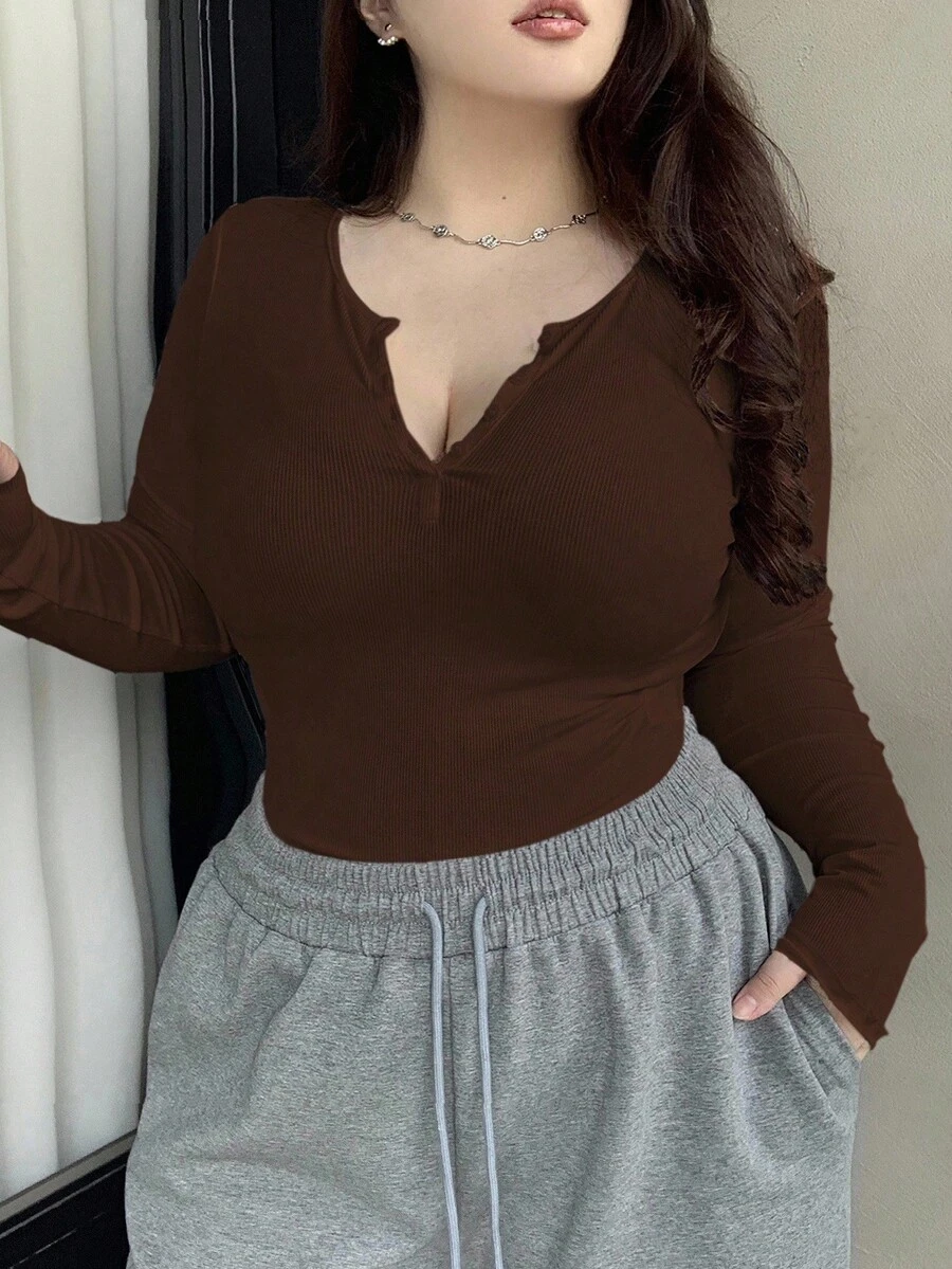 Dazy Plus Plus Size Notched Collarline Long Sleeve T-Shirt With Slit,Fall Clothes - Coffee Brown - View 1