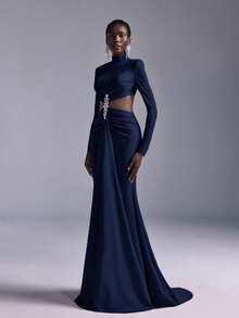 Elitara Minimalist Red Rhinestone Embellished Mermaid Maxi Dress, Suitable For Attending Parties, Gatherings, And Formal Dinners - Navy Blue - View 6