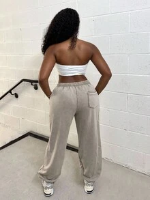 Alexandranx 水洗阔腿慢跑裤 春假机场休闲夏季可爱机场毕业、返校、毕业、女士教师、返校秋季、秋季、冬季 - 棕色 - 查看 2