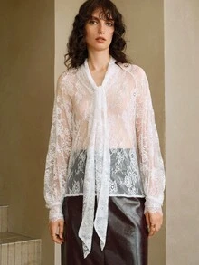 Arave 时尚百搭蕾丝衬衫，初秋新款女装上衣 - 白色 - 查看 7