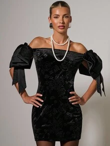 COSMINA Vestido mini ajustado con hombros descubiertos y estampado jacquard elegante para mujer - Negro - Ver 5