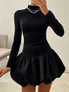 Girlism 少女休闲纯色立领夏季连衣裙单身女郎连衣裙 Y2k 连衣裙夏季女孩连衣裙黑色灯笼裙下摆连衣裙/花蕾下摆/荷叶边/生日装/泡泡袖