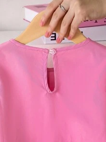 SHEIN Playful Pals 2件套少女时尚甜美蝴蝶结装饰上衣+阔腿裤套装，春秋 - 玫紅色 - 查看 4