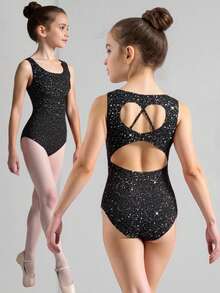 SHEIN Tween 女童休闲运动体操瑜伽闪亮优雅高弹力箔针织露背紧身衣，黑色 - 黑色 - 查看 1