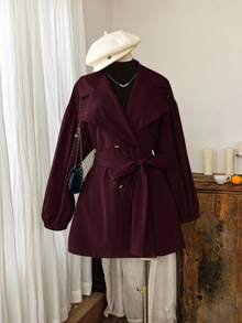 Comfortcana 酒红色纯色立领纽扣领带休闲简约大码风衣法式衣服女秋冬长款外套 - 酒紅色 - 查看 3